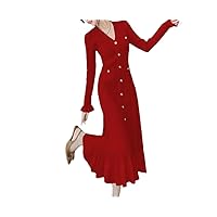 Spring Fashion Knitted Mid Length Dress Women V Neck Button Single Breasted Ruffles Slim Sweater Party Dress