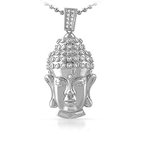 14K White Gold Finish Round Diamond Buddha Head Pendant With Cable Chain