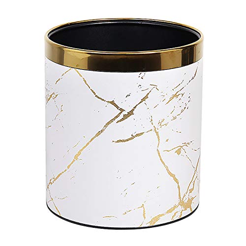 PU Leather Marble Texture Trash Cans Waste Paper Basket, Storage Bin for Bathroom, Living Room, Office and High Class Hotel (White Gold Marble)
