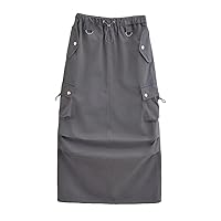 Women Elastic Waist Ankle Length Long SkirtsAutumn Side Pockets Drawstring Rope Cargo Skirt Retro