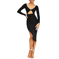 Women Twist Front Cutout Bodycon Club Night Out Party Dress Long Sleeve V Neck Ribbed Knitted Backless Slim Fit Midi Dresses