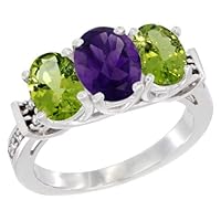 10K White Gold Natural Amethyst & Peridot Sides Ring 3-Stone Oval Diamond Accent, Sizes 5-10