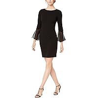 Calvin Klein Women's Solid Sheath Chiffon Bell Sleeves Dress, Black, 4P