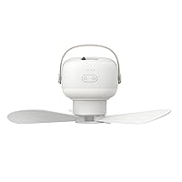 USB Rechargeable Mini Ceiling Fan with Remote Control LED Light Wireless Portable Camping Tent Fan for Home Dormitory Outdoor (White/7200mAh)