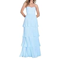 Strapless Tiered Chiffon Sleeveless Prom Dresses 2024 with Lace-Up A Line Evening Gown Long Ankle Length Sweetheart Neckline Light Blue Cocktail Dress US20Plus