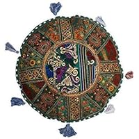 Decor Room Cover Indian Vintage Living Pouf Floor Stool Bohemain Foot Pillow Home Ottoman Bean Bag Round Ottoman Patchwork Floor Cushion Cover (Green, 28 Inch)