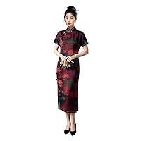 Cheongsam Silk Fragrant Cloud Yarn Lotus Printed Red Party Dress 3603