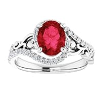 Sculptural 1 CT Oval Shape Ruby Engagement Ring 14k White Gold, Scroll Red Ruby Ring, Victorian Ruby Diamond Ring, Anitque July Birthstone Ring