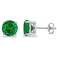 14k White Gold Pleated 925 Sterling Silver Round Cut Created Green Emerald Gemstone Birthstone Stud Earrings For Women Girl's,
