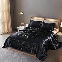 Holawakaka Solid Satin Silk Like Quilt Set Luxury Ultra Soft Silky Comforter Pillowcase Cal King Size Bedding Set (Black, California King)