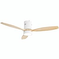 Sofucor 52 Inch Low Profile Ceiling Fan with Lights Remote Control Wood Blades Reversible DC Motor Modern Ceiling Fan for Kitchen, Bedroom, Basement, Dining, Living Room(White+Wood Color)