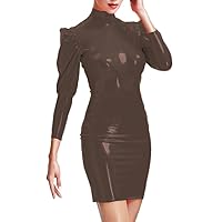 Elegant Turtleneck Bodycon Mini Dress Women Wetlook PVC Leather Nine-Quarter Sleeves Slim Fit Dress