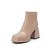 Womens Square Platform Chunky Heels Ankle Boots Closed Toe High Heel Dress Booties Mid Shaft Prom Shoes with Zips