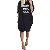 Women’s Wife Mom Boss Tunic Dress Long Sleeve Oversize Baggy Causal Loose Dress with Big Pockets
