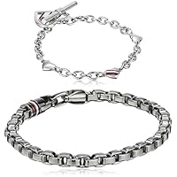 Tommy Hilfiger Women's Silver Heart Toggle Bracelet with Men's Stainless Steel Box Chain Bracelet