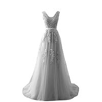 Women's Tulle Lace Applique Prom Party Dresses Long Backless Bridesmaid Ball Gown