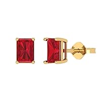 2.0 ct Emerald Cut Solitaire Genuine Simulated Ruby Pair of Stud Everyday Earrings Solid 18K Yellow Gold Butterfly Push Back