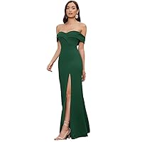 Wedding Guest Dresses for Women Solid Off Shoulder Split Thigh Dress (Color : Dark Green, Size : Large)