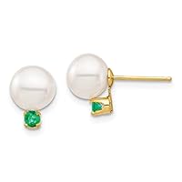 14k Gold 7 7.5mm White Round Freshwater Cultured Pearl Emerald Post Earrings Measures 9.45mm long Jewelry Gifts for Women