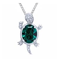 Oval Cut Created Emerald & Dimaond Accent Turtle Pendant 14k White Gold Plated 925 Sterling Silver for Women's.