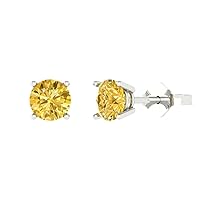 1.0 ct Round Cut VVS1 Conflict Free Solitaire Natural Yellow Citrine Designer Stud Earrings Solid 14k White Gold Push Back