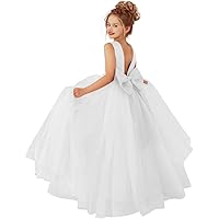 Princess Flower Girl Dress Round Neck Floor Length Pageant Dresses Ball Gown for Girls with Pearls and Bow-Knot