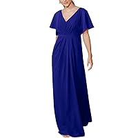 Chiffon Bridesmaid Dress with Sleeves V Neck Pleated A Line Formal Evening Dresses for Wedding Guest