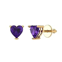 1.0 ct Brilliant Heart Cut Solitaire Natural Purple Amethyst Pair of Stud Everyday Earrings Solid 18K Yellow Gold Screw Back