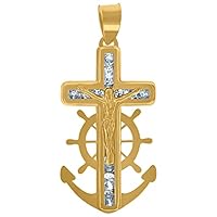 10k Yellow Gold Unisex CZ Cubic Zirconia Simulated Diamond Polished Finish Crucifix Nautical Ship Mariner Anchor Religious Charm Pendant Necklace Jewelry for Women