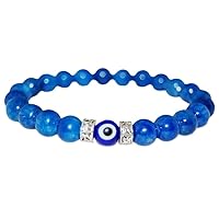 Unisex Bracelet 8mm Natural Gemstone Blue Jasper With Evils Eye Round shape Smooth cut beads 7 inch stretchable bracelet for men & women. | STBR_02122