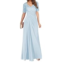 Pleated Mother of The Bride Dresses Short Sleeves Evening Dress Long Wedding Guest Dress Lace Appliques