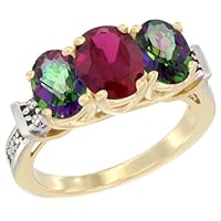 10K Yellow Gold Enhanced Ruby & Mystic Topaz Sides Ring 3-Stone Oval Diamond Accent, sizes 5 - 10