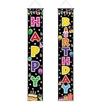 Allenjoy Happy Birthday Theme Porch Sign Door Banner for Children Bday Party Supplies Cake Cupcake Balloon Gift Box Decoration Flag Hanging Home Wall Decor Outdoor Indoor Polyester 11.8x70.9 Inch 2PCS