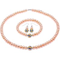 Jewelry Set Pretty 7-7.5mm Pink Pearl Necklace Bracelet & Earrings With Cloisonne