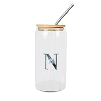 Glass Cups with Bamboo Lids Monogram Letter N Glass Cup Dark Green Letter Blue Flower Can Beer Cups Name Initial Cups Great For for Water Tea 16 OZ