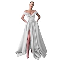 Satin Women's Off The Shoulder Prom Dresses Long Gowns Backless Slit Formal Evening Party Dress with Pockets
