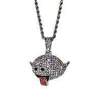 Men Women 14k Gold Finish Iced Hip Hop Bubble Flying Grimace Flying Ghost Emoji Charm Necklace Ice Out Pendant Stainless Steel Real 2 mm Rope Chain Necklace, CZ Diamond Emoji Pendant