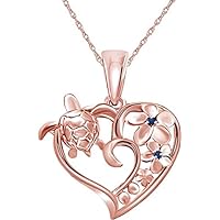 14K Rose Gold Plated in .925 Sterling Silver Hawaiian Plumeria Flower Sea Turtle Honu Heart Pendant 18''Chain Necklace CZ Blue Sapphire Round