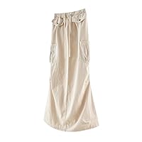 Solid Pocket Oversized Long Skirt Women Summer Elastic Waist Casual Elegant Holiday