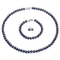 JYX Pearl Necklace Set 7-8mm Blue Freshwater Cultured Pearl Necklace Bracelet and Earrings Jewelry Set