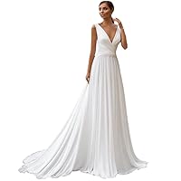 A-Line Long Chiffon Wedding Dresses with Beaded Belt Pleated V-Neck Button Back Bridal Gown for Women