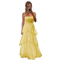 Tiered Tulle Prom Dress for Women Spaghetti Straps Long Evening Dress Sheer Corset Formal Gown Sleeveless