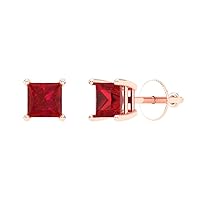 0.94cttw Princess Cut Solitaire Genuine Simulated Red Ruby Unisex Pair of Designer Stud Earrings 14k Rose Gold Screw Back