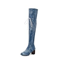 Womens Block Heel Above The Knee Boots Heeled Denim Cowgirl Boots