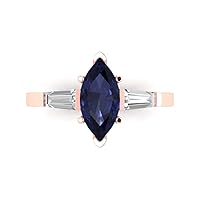 Clara Pucci 2.1 ct Marquise Baguette cut 3 Stone W/Accent Simulated Blue Sapphire Anniversary Promise Bridal ring 18K Rose Gold