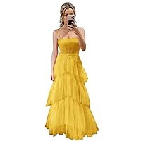 Women's Tiered Prom Dresses Ruffle Tulle Evening Gowns Sleeveless Formal Dress Spaghetti Straps