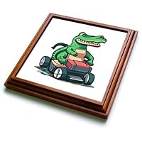 3dRose Funny Cute Alligator Riding Lawn Mower Cutting Grass - Trivets (trv-385356-1)