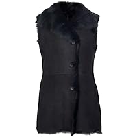 Women's Chic Black Suede Toscana Shearling Leather Sheepskin Buttoned Gilet