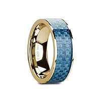 GERYON Flat 14K Yellow Gold with Blue Carbon Fiber Inlay and Polished Edges - 8mm