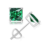 ANGEL SALES 2.00 Ct Princess Cut Green Emerald Solitaire Stud Earrings For Girls & Women's 14K White Gold Finish